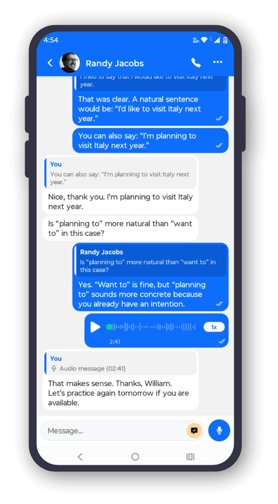 Chat screen with text and audio messages