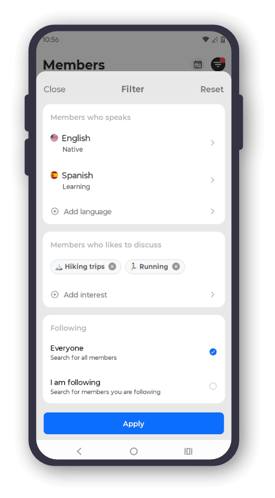 Filter screen for choosing languages and interests