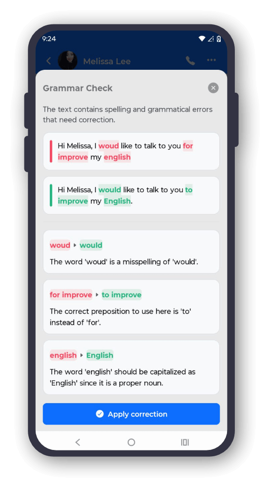 Grammar check screen showing corrections before sending a message