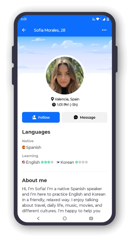 Member profile screen showing languages and profile details