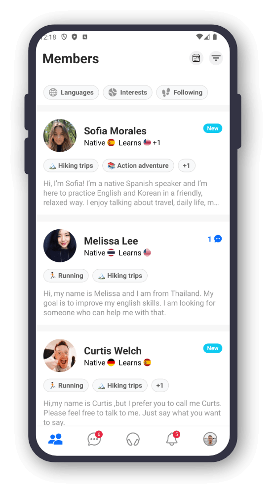 Members list screen showing language learners in the community