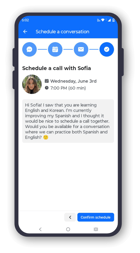 Schedule conversation screen for planning a language practice call