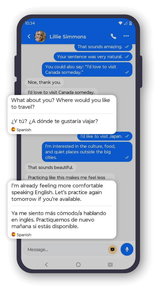Chat translation screen with translated messages